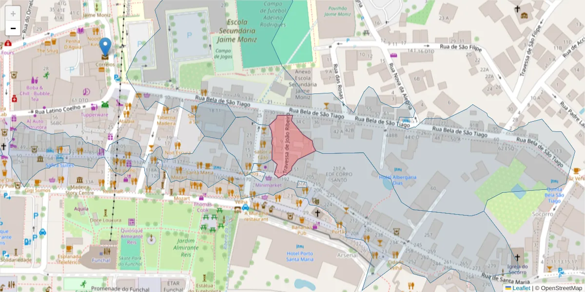 Mapa detalhado do código postal 9060-141 com limites, códigos postais vizinhos e agências dos correios