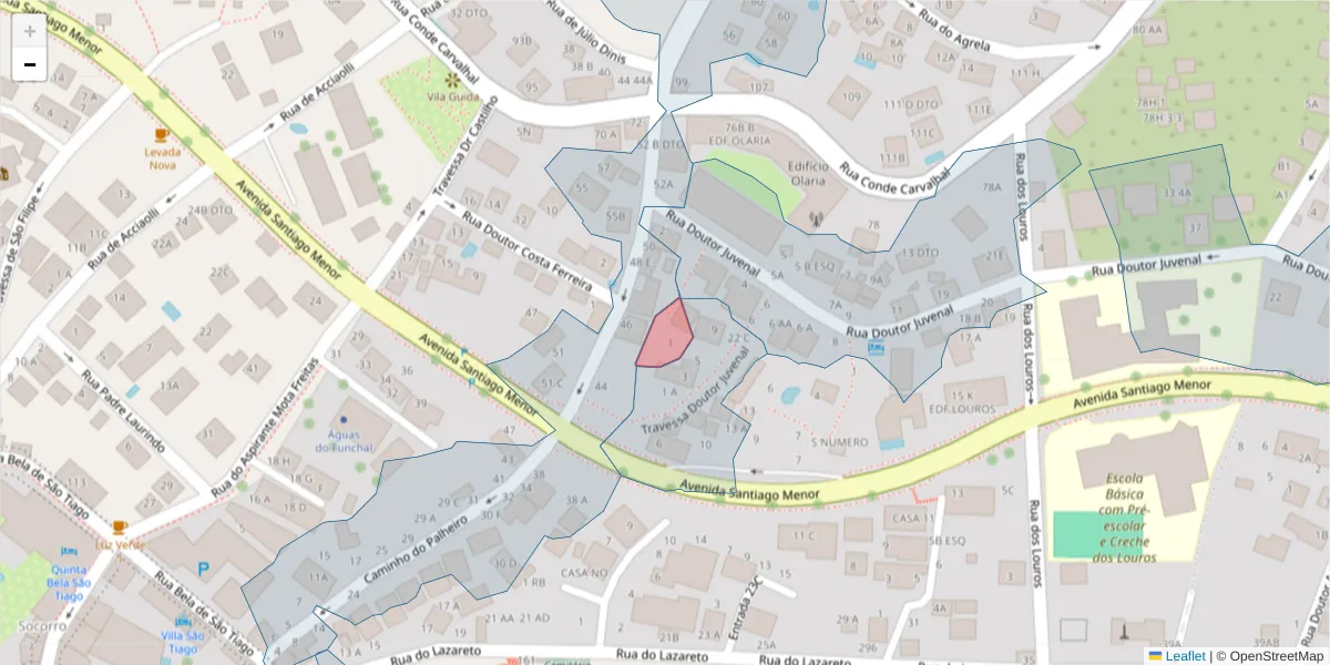 Mapa detalhado do código postal 9060-145 com limites, códigos postais vizinhos e agências dos correios