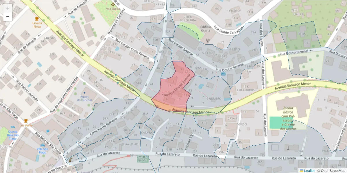 Mapa detalhado do código postal 9060-148 com limites, códigos postais vizinhos e agências dos correios