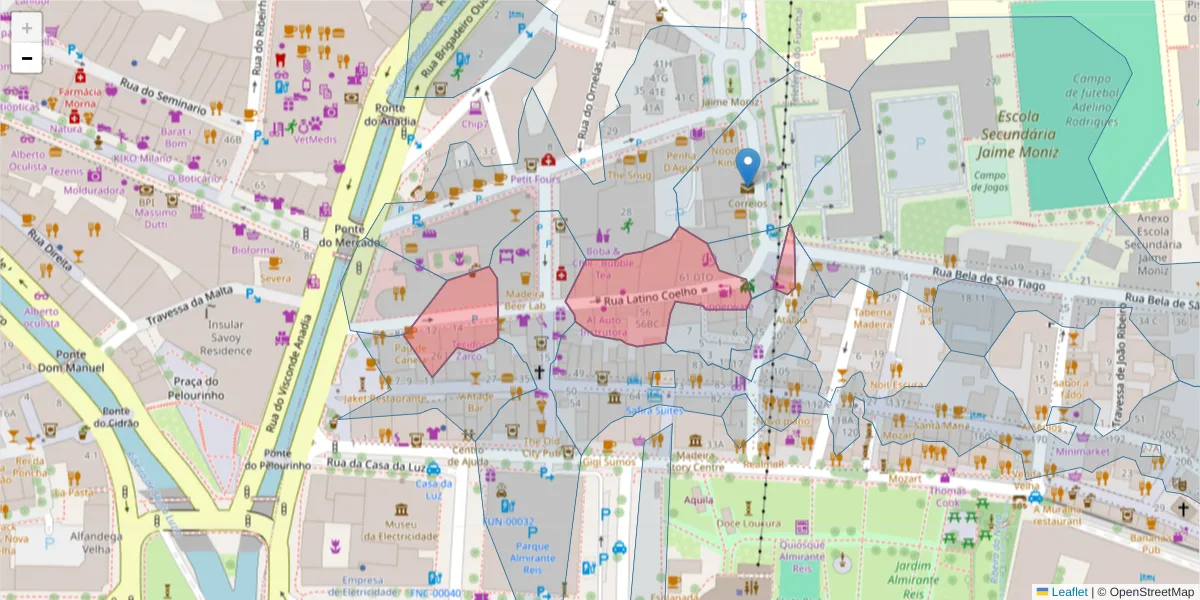 Mapa detalhado do código postal 9060-155 com limites, códigos postais vizinhos e agências dos correios