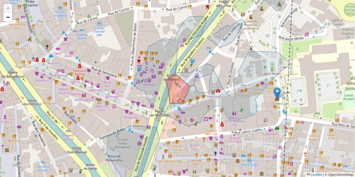 Mapa detalhado do código postal 9060-157 com limites, códigos postais vizinhos e agências dos correios
