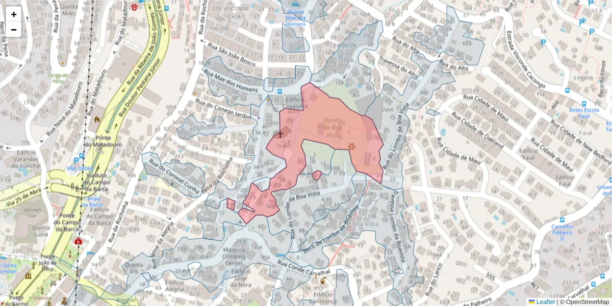 Mapa detalhado do código postal 9060-182 com limites, códigos postais vizinhos e agências dos correios
