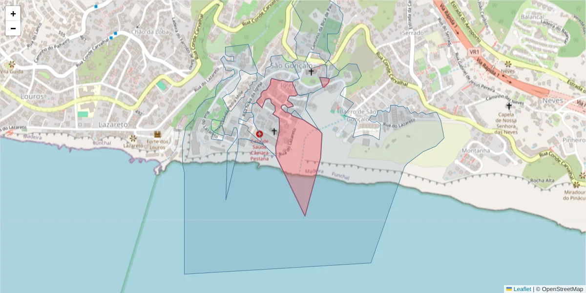 Mapa detalhado do código postal 9060-196 com limites, códigos postais vizinhos e agências dos correios