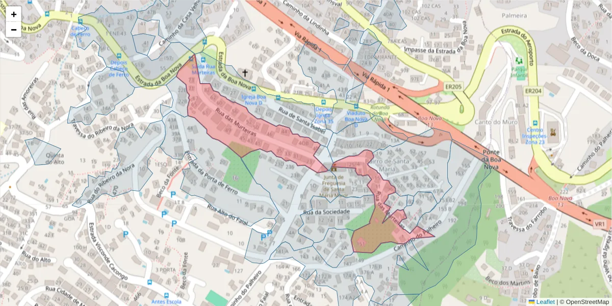 Mapa detalhado do código postal 9060-199 com limites, códigos postais vizinhos e agências dos correios