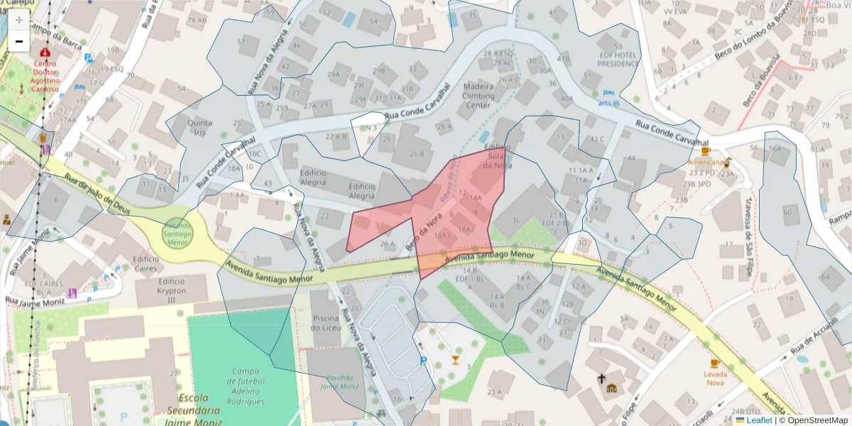 Mapa detalhado do código postal 9060-203 com limites, códigos postais vizinhos e agências dos correios