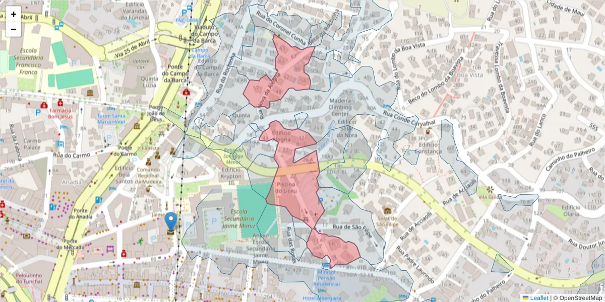 Mapa detalhado do código postal 9060-204 com limites, códigos postais vizinhos e agências dos correios