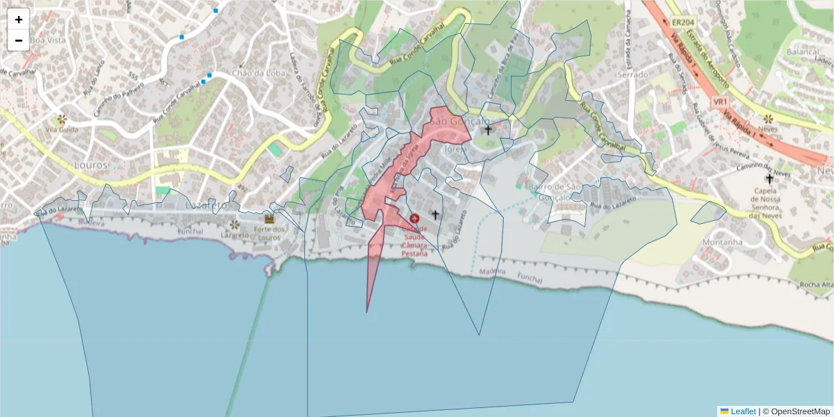Mapa detalhado do código postal 9060-206 com limites, códigos postais vizinhos e agências dos correios