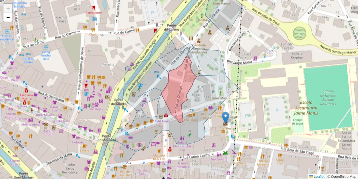 Mapa detalhado do código postal 9060-208 com limites, códigos postais vizinhos e agências dos correios