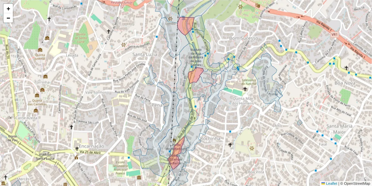 Mapa detalhado do código postal 9060-232 com limites, códigos postais vizinhos e agências dos correios