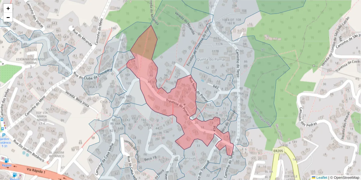 Mapa detalhado do código postal 9060-243 com limites, códigos postais vizinhos e agências dos correios