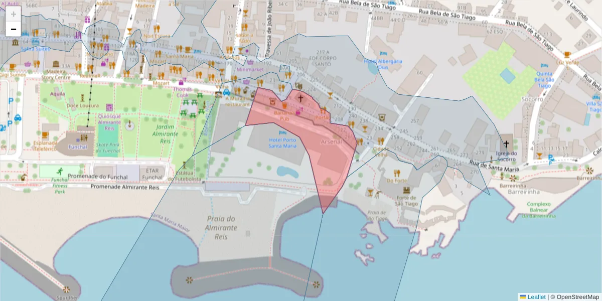 Mapa detalhado do código postal 9060-250 com limites, códigos postais vizinhos e agências dos correios