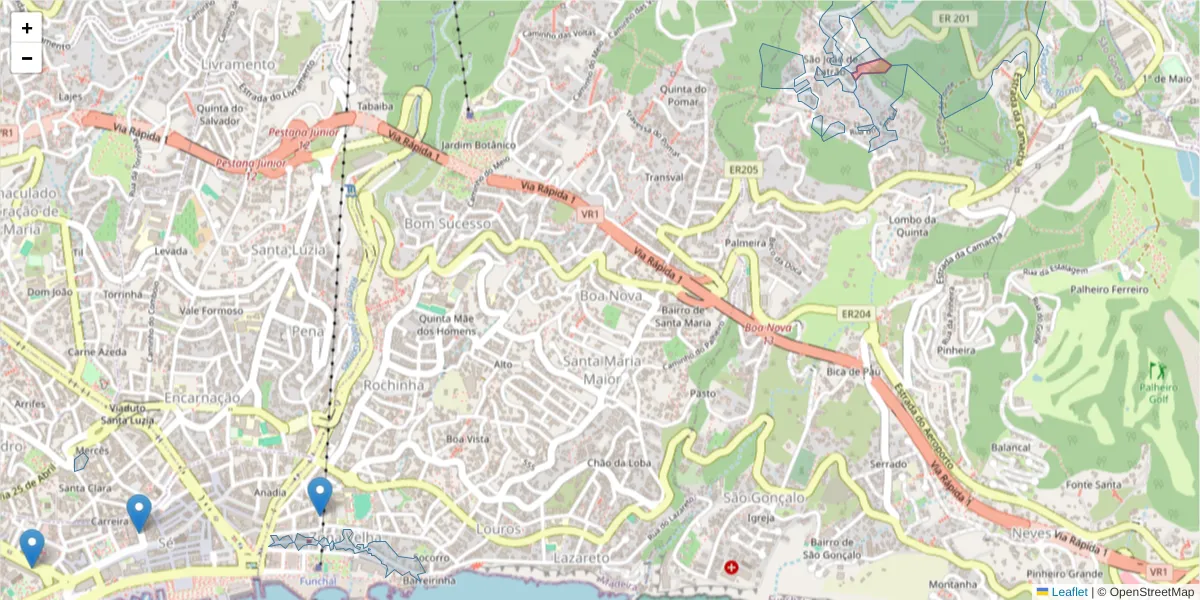 Mapa detalhado do código postal 9060-261 com limites, códigos postais vizinhos e agências dos correios