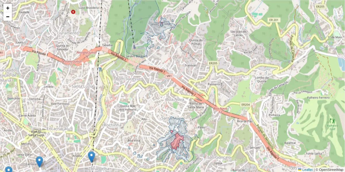 Mapa detalhado do código postal 9060-276 com limites, códigos postais vizinhos e agências dos correios