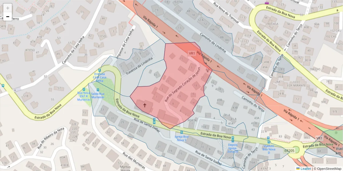 Mapa detalhado do código postal 9060-284 com limites, códigos postais vizinhos e agências dos correios