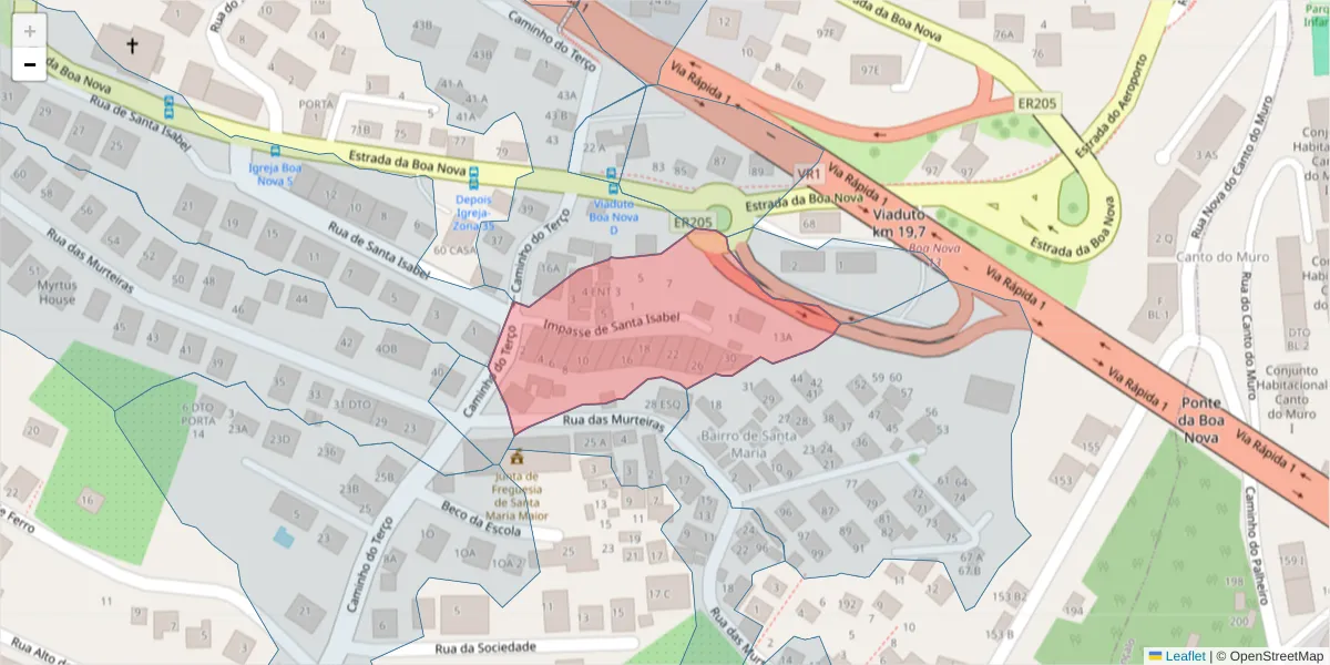 Mapa detalhado do código postal 9060-288 com limites, códigos postais vizinhos e agências dos correios