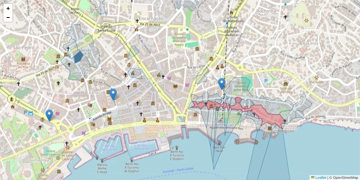 Mapa detalhado do código postal 9060-291 com limites, códigos postais vizinhos e agências dos correios
