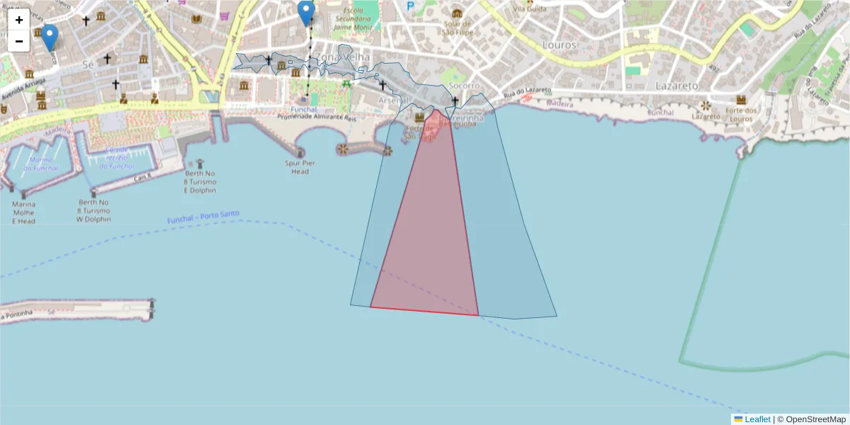 Mapa detalhado do código postal 9060-303 com limites, códigos postais vizinhos e agências dos correios