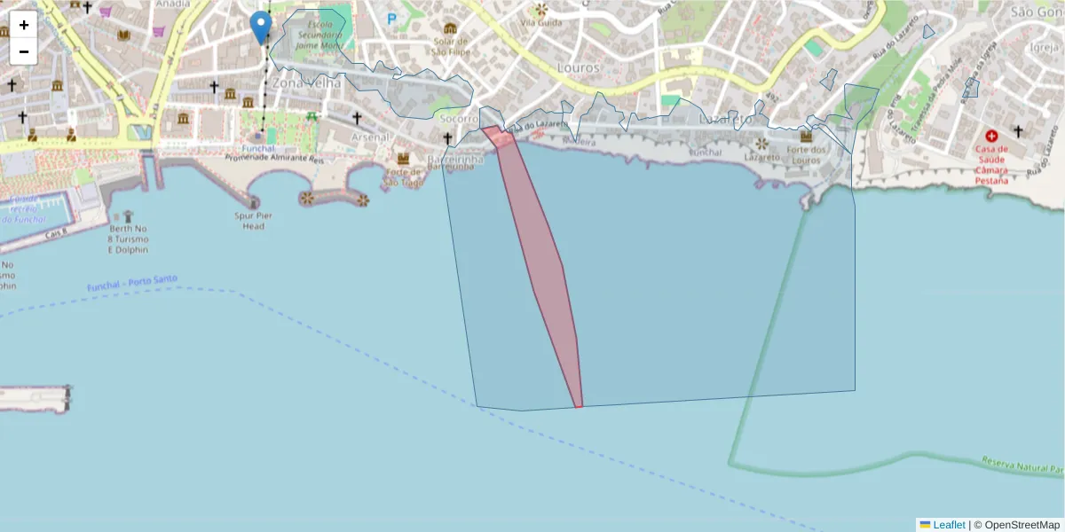 Mapa detalhado do código postal 9060-304 com limites, códigos postais vizinhos e agências dos correios