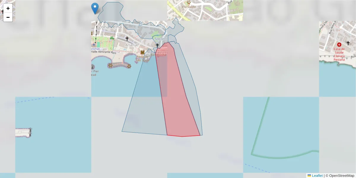 Mapa detalhado do código postal 9060-305 com limites, códigos postais vizinhos e agências dos correios