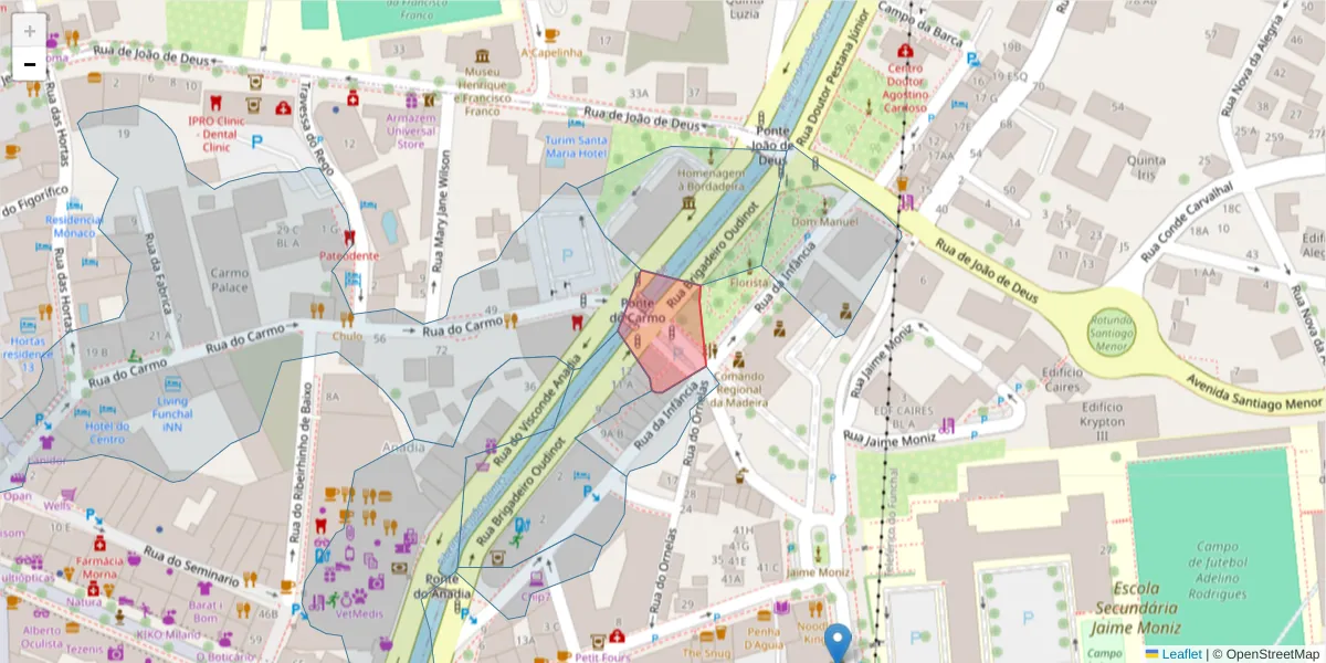 Mapa detalhado do código postal 9060-308 com limites, códigos postais vizinhos e agências dos correios