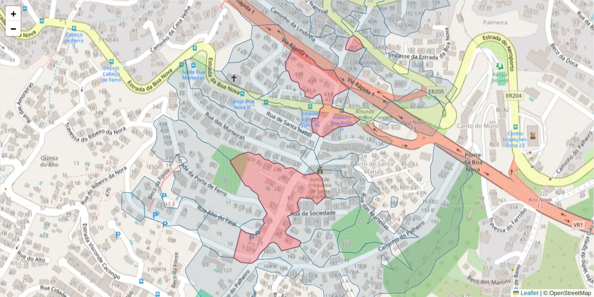 Mapa detalhado do código postal 9060-310 com limites, códigos postais vizinhos e agências dos correios