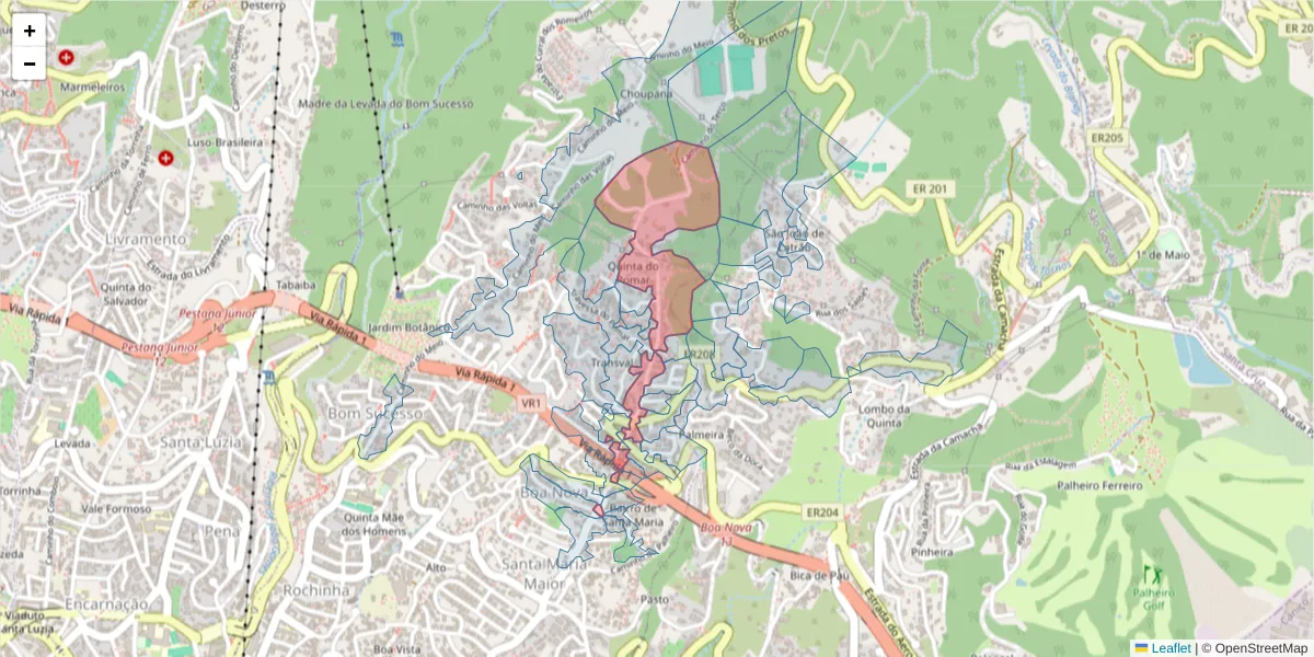 Mapa detalhado do código postal 9060-311 com limites, códigos postais vizinhos e agências dos correios