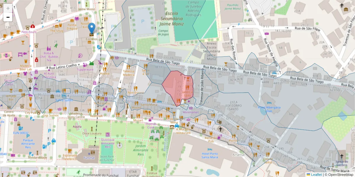 Mapa detalhado do código postal 9060-314 com limites, códigos postais vizinhos e agências dos correios