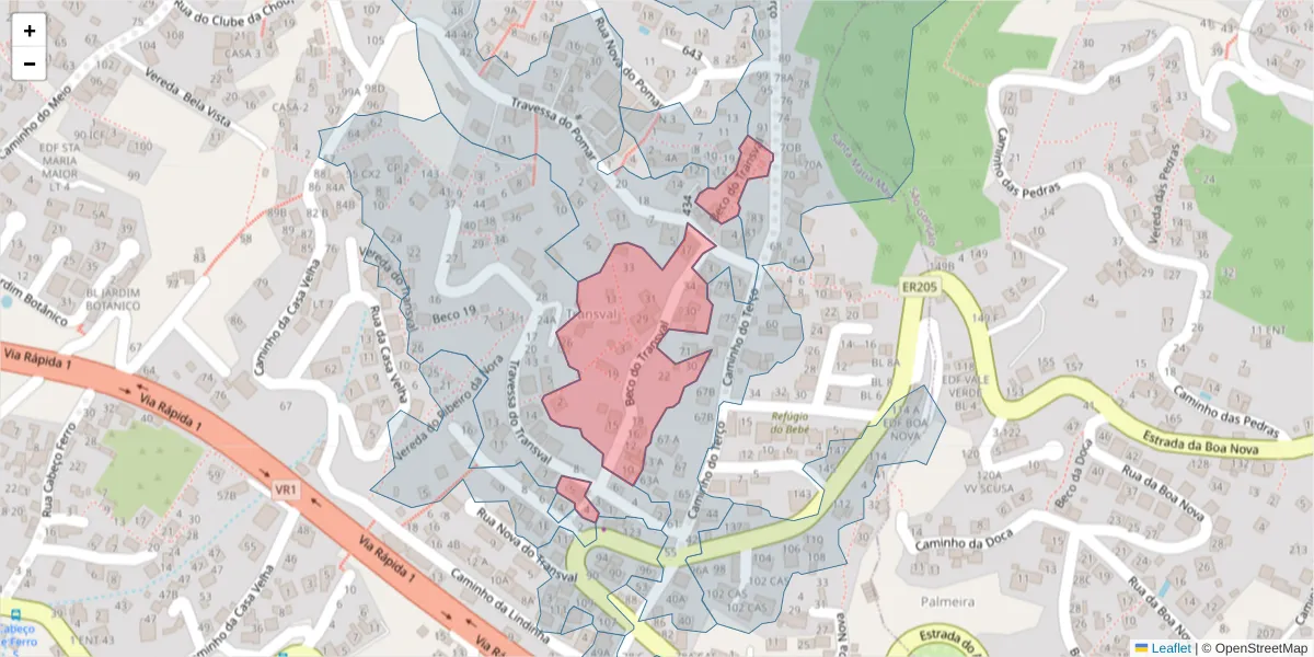 Mapa detalhado do código postal 9060-315 com limites, códigos postais vizinhos e agências dos correios