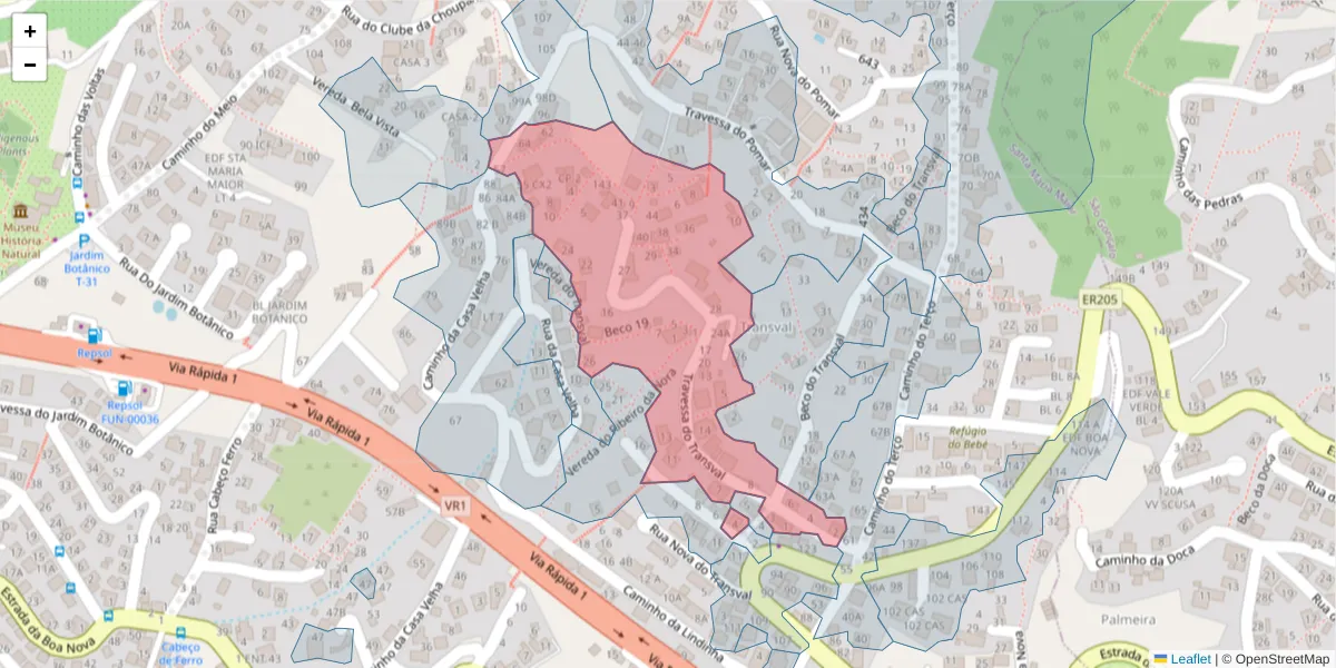 Mapa detalhado do código postal 9060-318 com limites, códigos postais vizinhos e agências dos correios