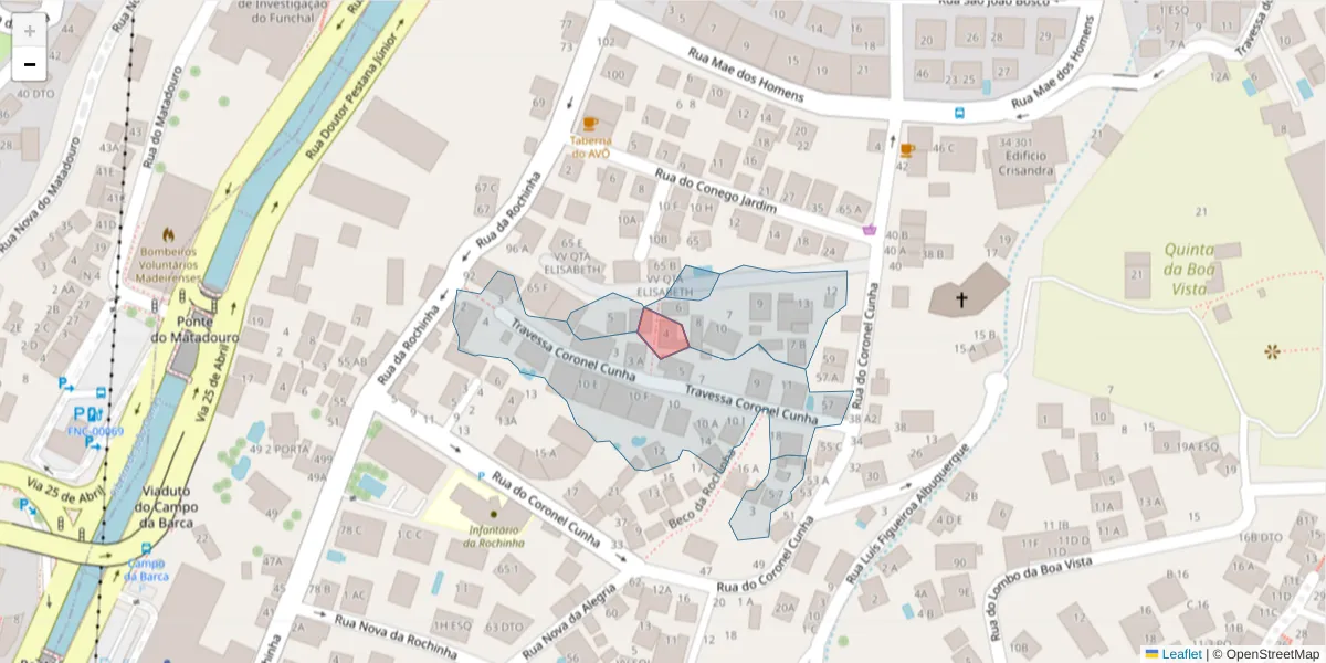 Mapa detalhado do código postal 9060-320 com limites, códigos postais vizinhos e agências dos correios