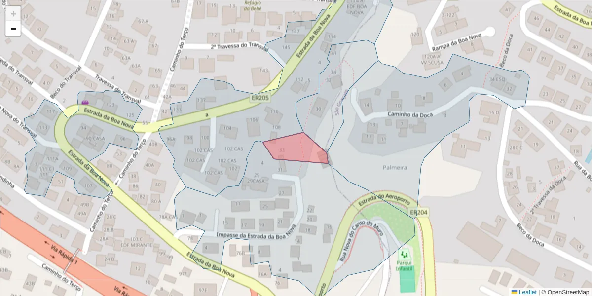 Mapa detalhado do código postal 9060-323 com limites, códigos postais vizinhos e agências dos correios
