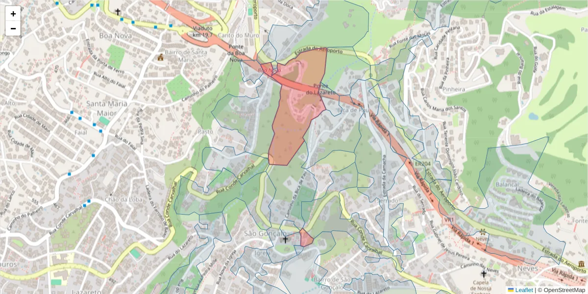 Mapa detalhado do código postal 9060-327 com limites, códigos postais vizinhos e agências dos correios