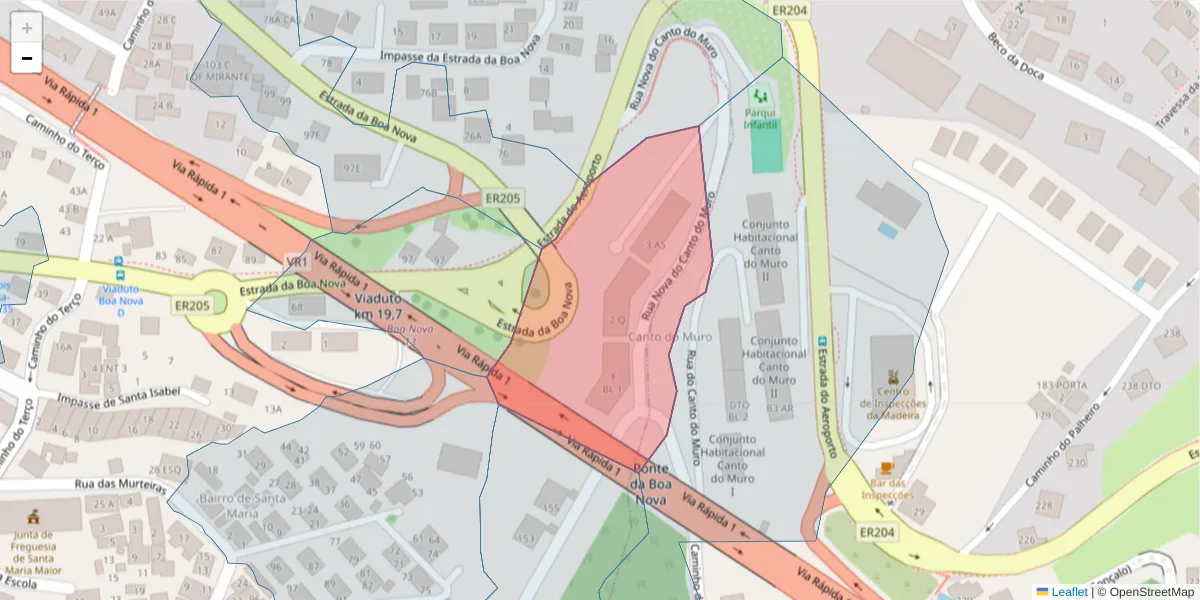 Mapa detalhado do código postal 9060-334 com limites, códigos postais vizinhos e agências dos correios