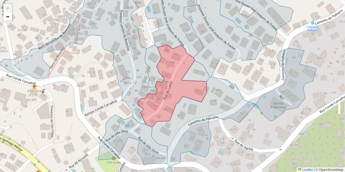 Mapa detalhado do código postal 9060-347 com limites, códigos postais vizinhos e agências dos correios