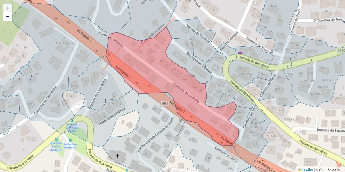 Mapa detalhado do código postal 9060-351 com limites, códigos postais vizinhos e agências dos correios