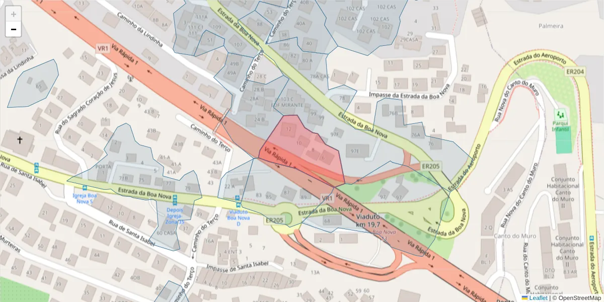 Mapa detalhado do código postal 9060-363 com limites, códigos postais vizinhos e agências dos correios