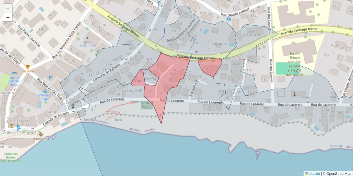 Mapa detalhado do código postal 9060-365 com limites, códigos postais vizinhos e agências dos correios