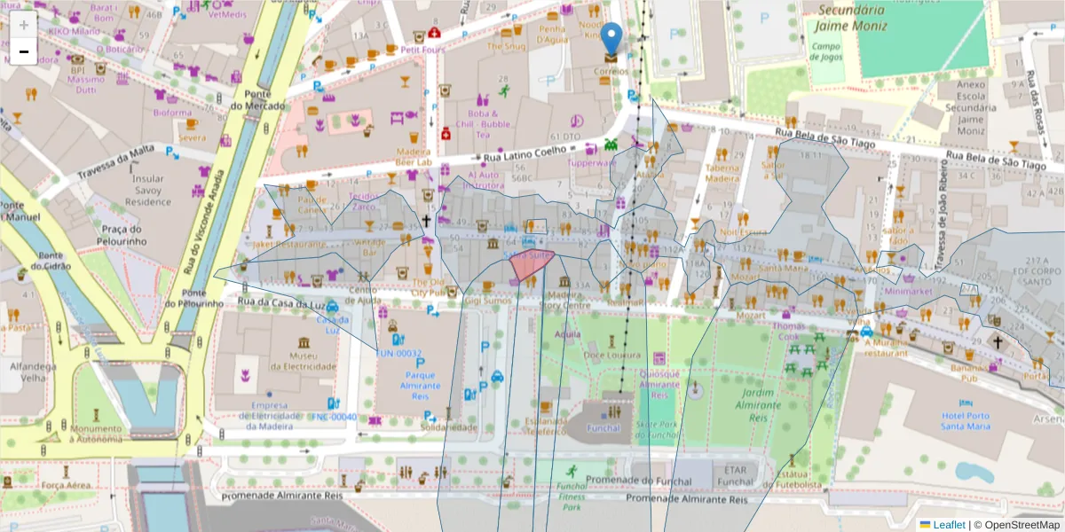 Mapa detalhado do código postal 9060-381 com limites, códigos postais vizinhos e agências dos correios