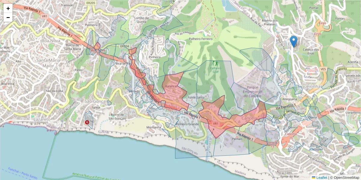 Mapa detalhado do código postal 9060-382 com limites, códigos postais vizinhos e agências dos correios