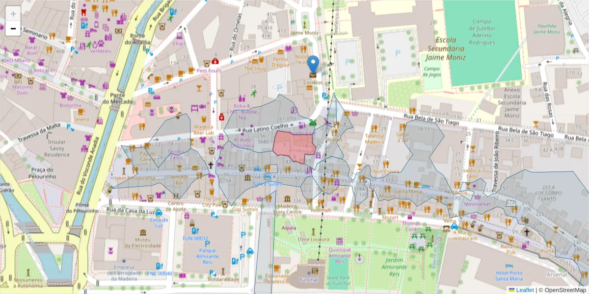 Mapa detalhado do código postal 9060-389 com limites, códigos postais vizinhos e agências dos correios