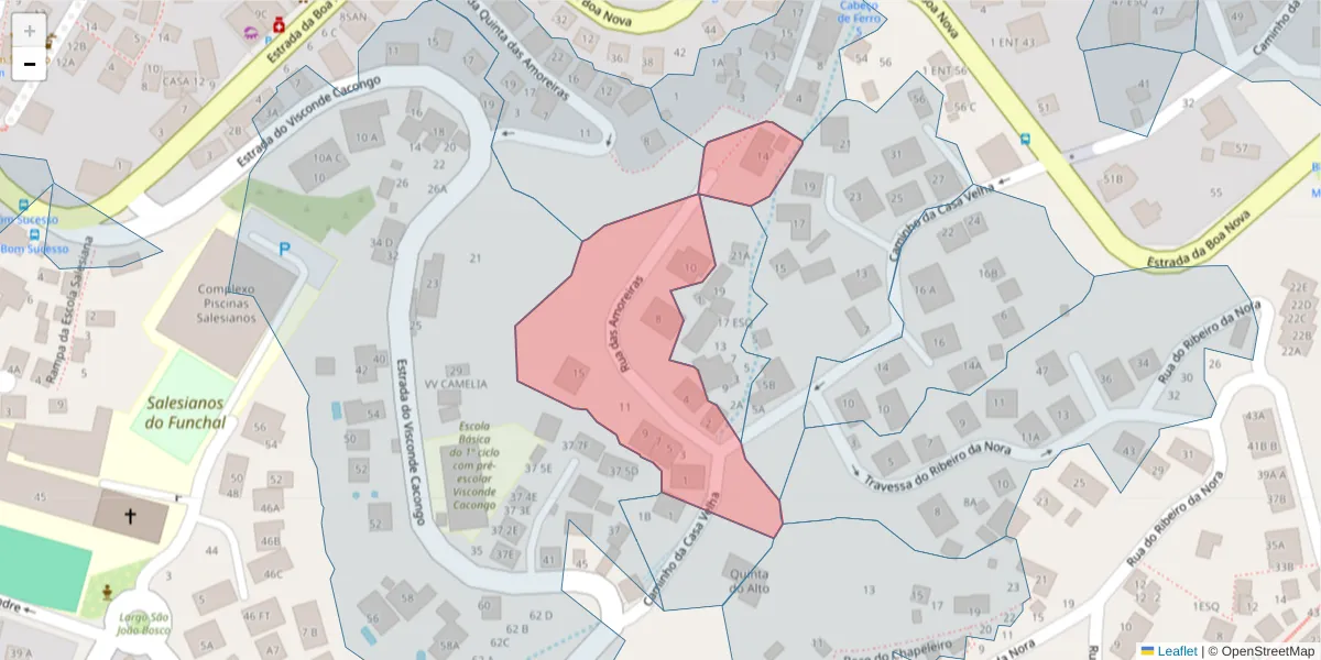 Mapa detalhado do código postal 9060-390 com limites, códigos postais vizinhos e agências dos correios