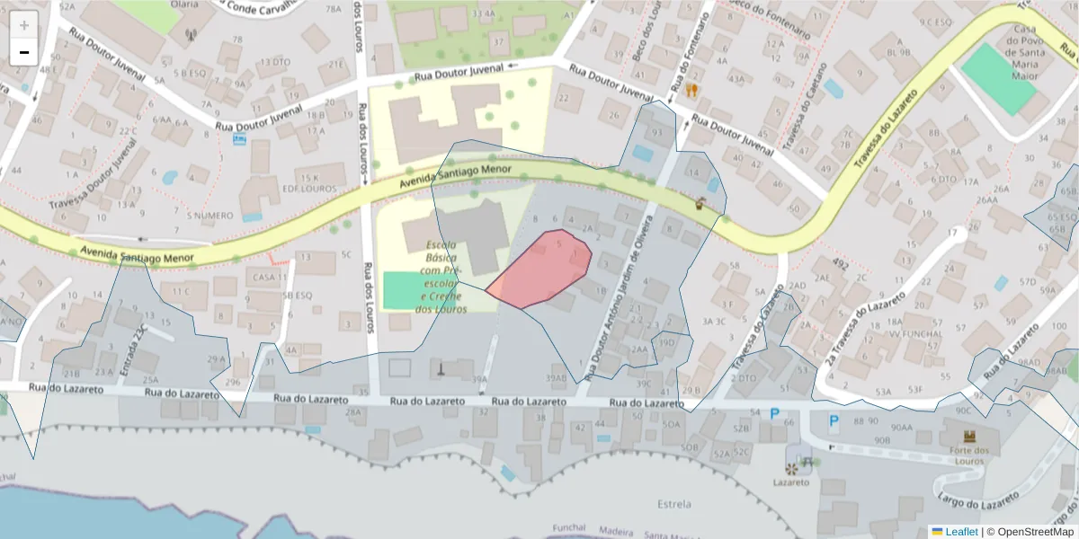 Mapa detalhado do código postal 9060-392 com limites, códigos postais vizinhos e agências dos correios