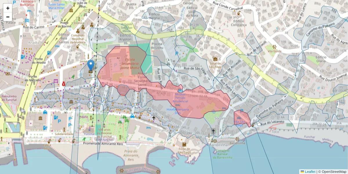 Mapa detalhado do código postal 9060-400 com limites, códigos postais vizinhos e agências dos correios