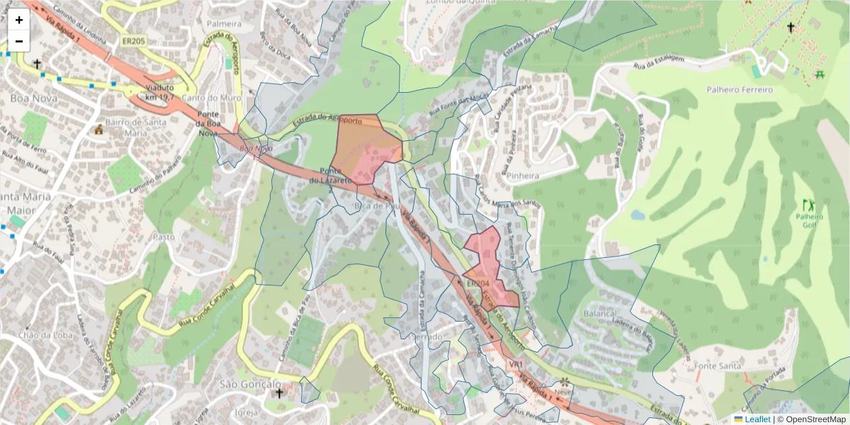 Mapa detalhado do código postal 9060-404 com limites, códigos postais vizinhos e agências dos correios