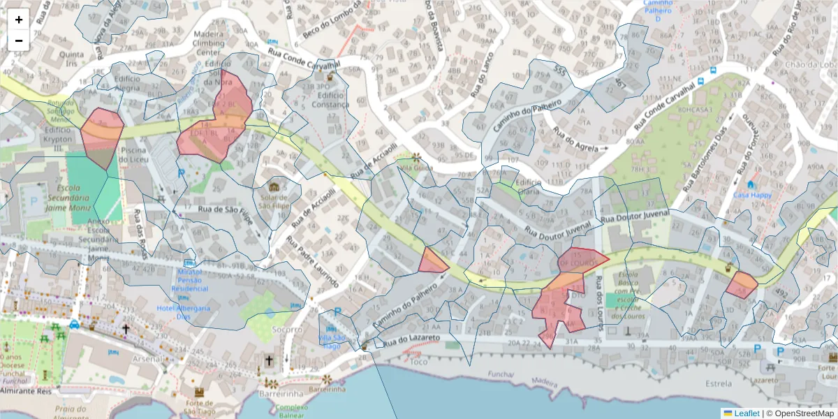 Mapa detalhado do código postal 9060-429 com limites, códigos postais vizinhos e agências dos correios
