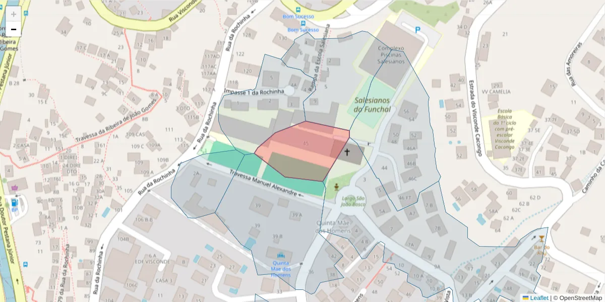 Mapa detalhado do código postal 9064-508 com limites, códigos postais vizinhos e agências dos correios