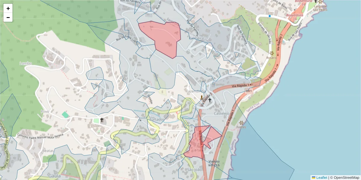 Mapa detalhado do código postal 9100-014 com limites, códigos postais vizinhos e agências dos correios