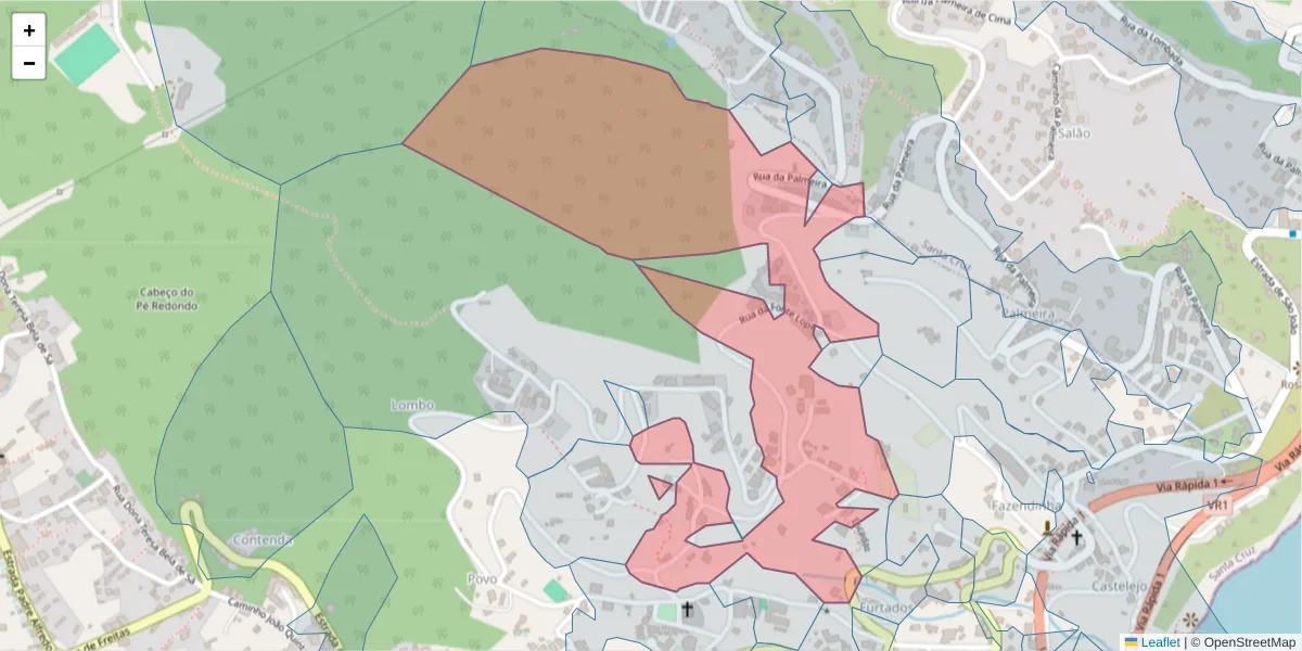 Mapa detalhado do código postal 9100-023 com limites, códigos postais vizinhos e agências dos correios