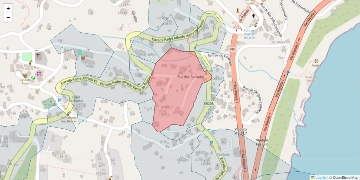 Mapa detalhado do código postal 9100-024 com limites, códigos postais vizinhos e agências dos correios