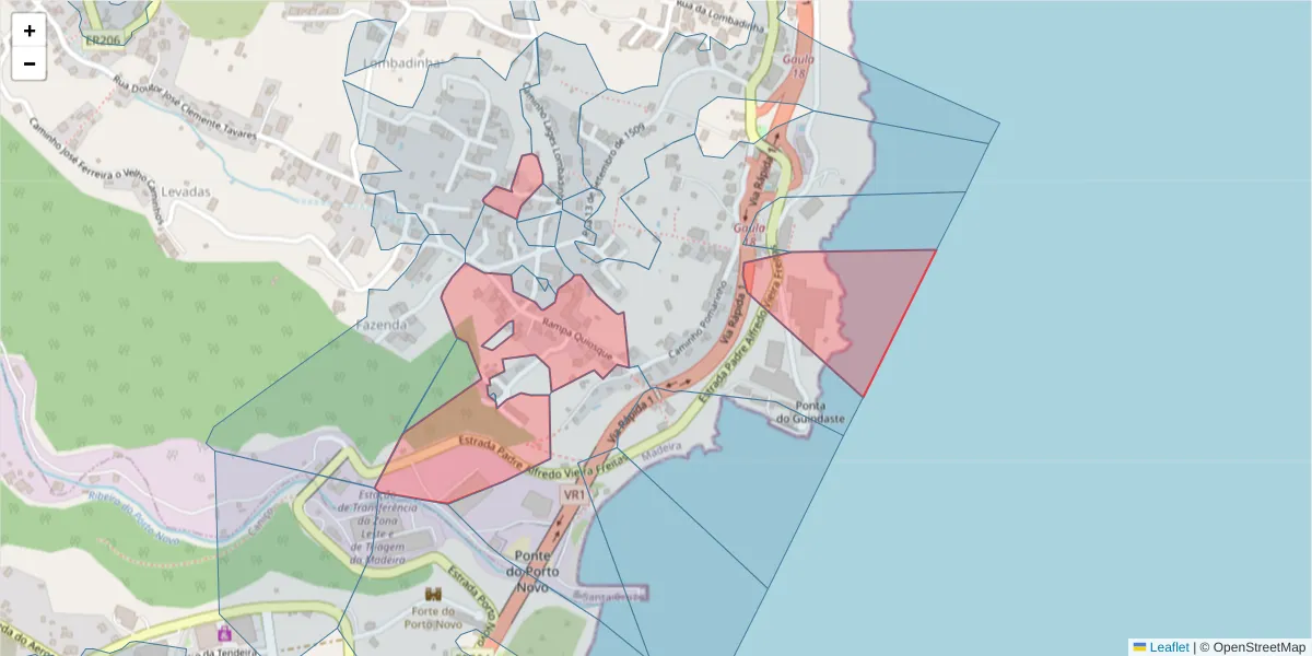 Mapa detalhado do código postal 9100-051 com limites, códigos postais vizinhos e agências dos correios